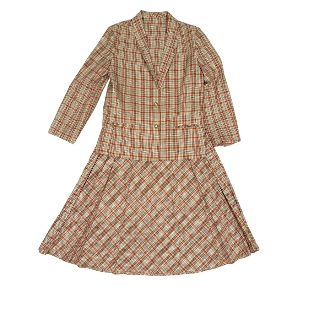 Vtg 80s Plaid Skirt Suit Set Orange Tan Blazer A-Line Midi Skirt Retro 2 Piece M